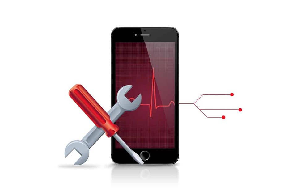 maintenance tools and a mobile phone with heart beat graph